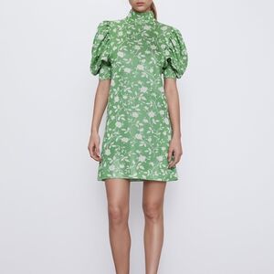 Zara Green Floral Puff Sleeve Mini Dress